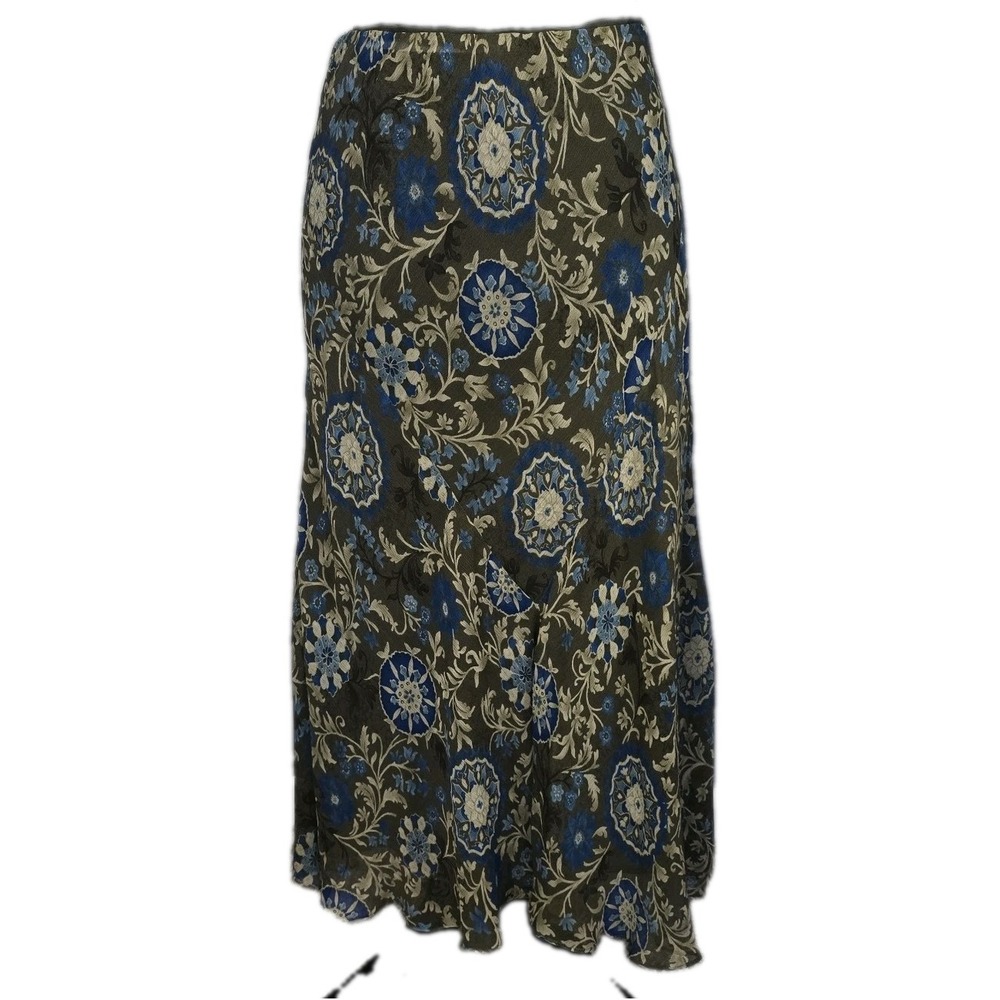 Jones New York 100% Silk Bias Cut Midi Skirt Large Olive Green Blue Fairy Grunge